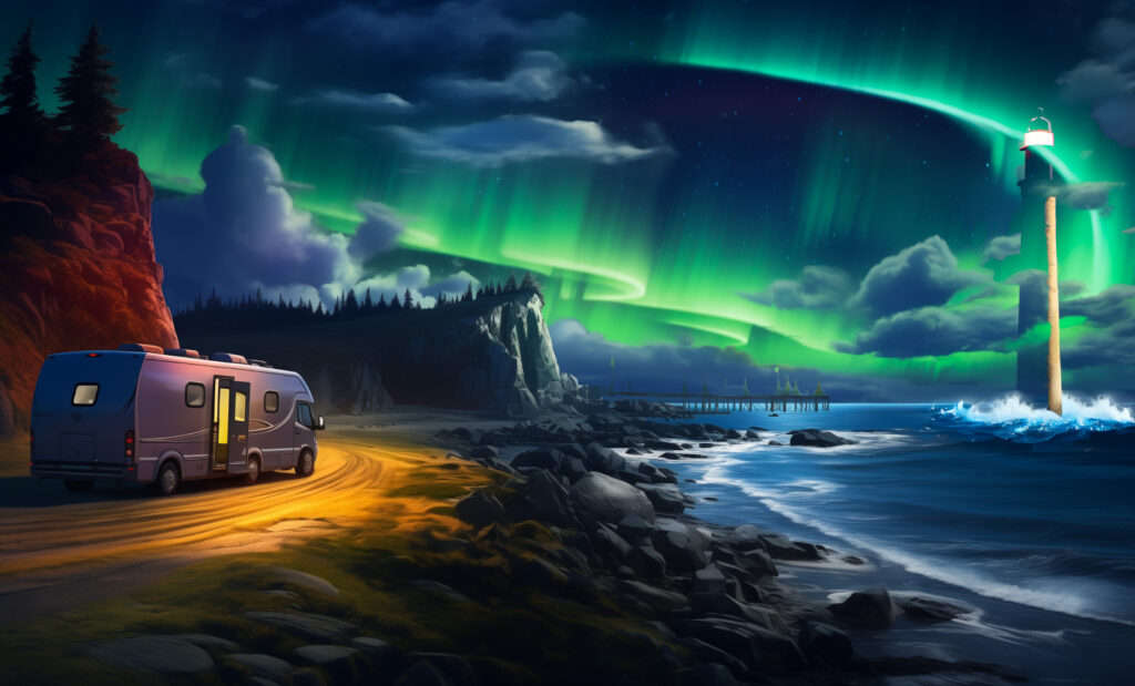 An RV Driving into a storm or aurora borealis